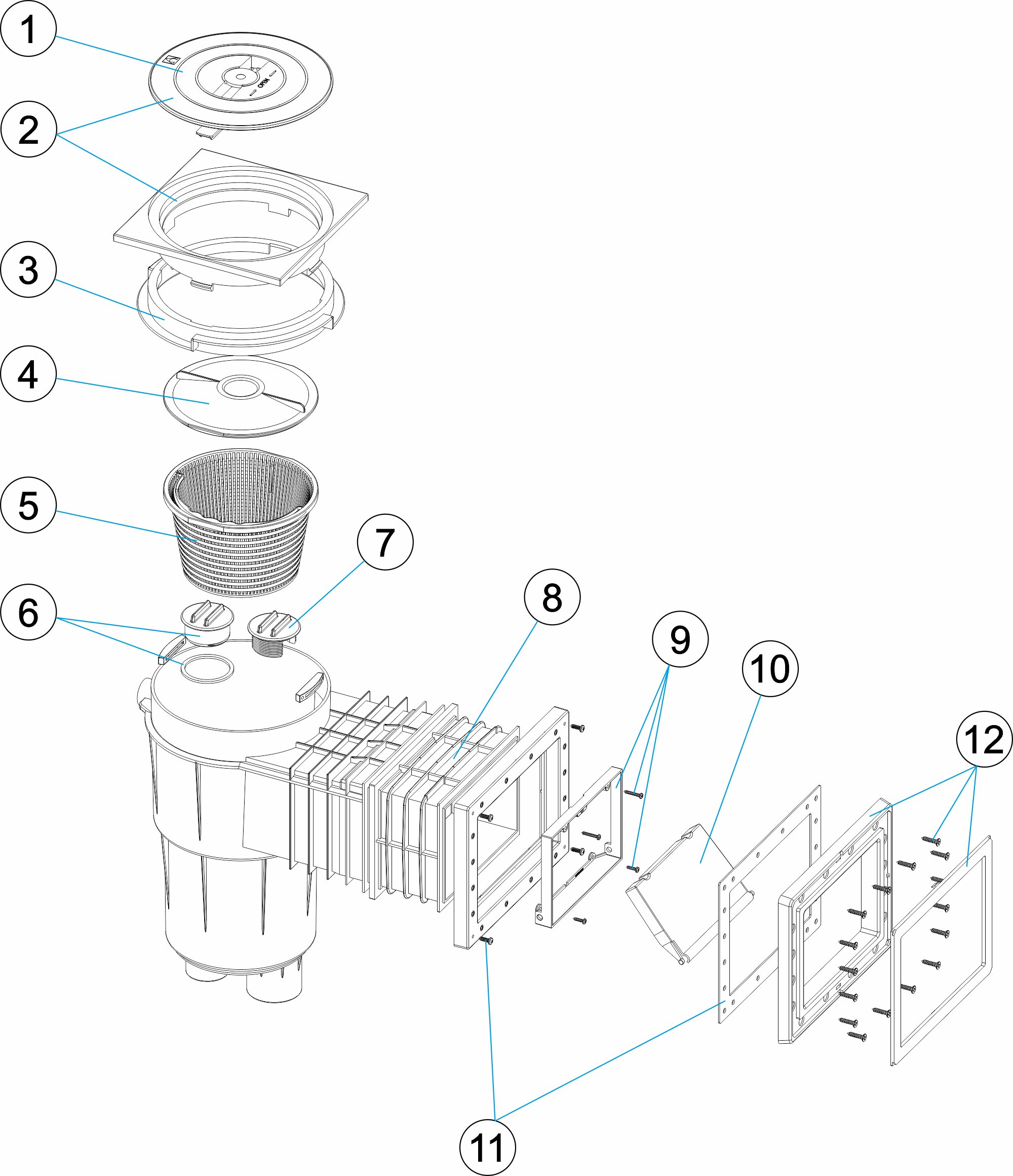 SKIMMER 17,5L PP. EINLASS STANDARD + VERLÄNGERUNG ABDECKUNG QUADRATISCH GITTER BLECH